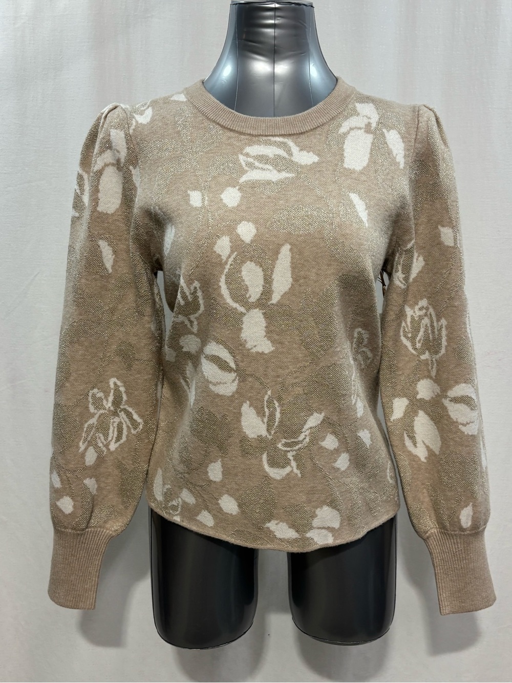 Cynthia Rowley Floral Lurex Puff-Sleeve Knit Sweater Taupe/Cream/Gold Large -569